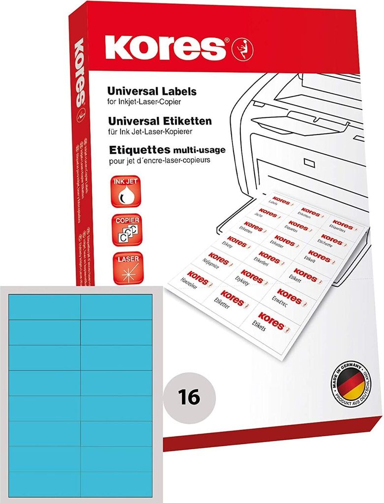 Kores Universal Etiketten 105 x 37 mm ohne Rand blau 1.600 Etiketten auf 100 Blatt