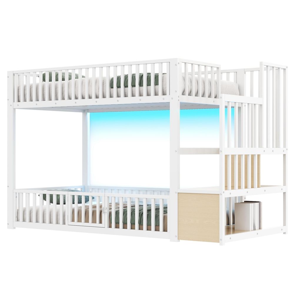 Etagenbett mit 1 Lattenrost, RGB LED-Streifen, Rausfallschutz und Tür, Treppe mit Regal, Kinderbett, Metallbett, 90x200 cm