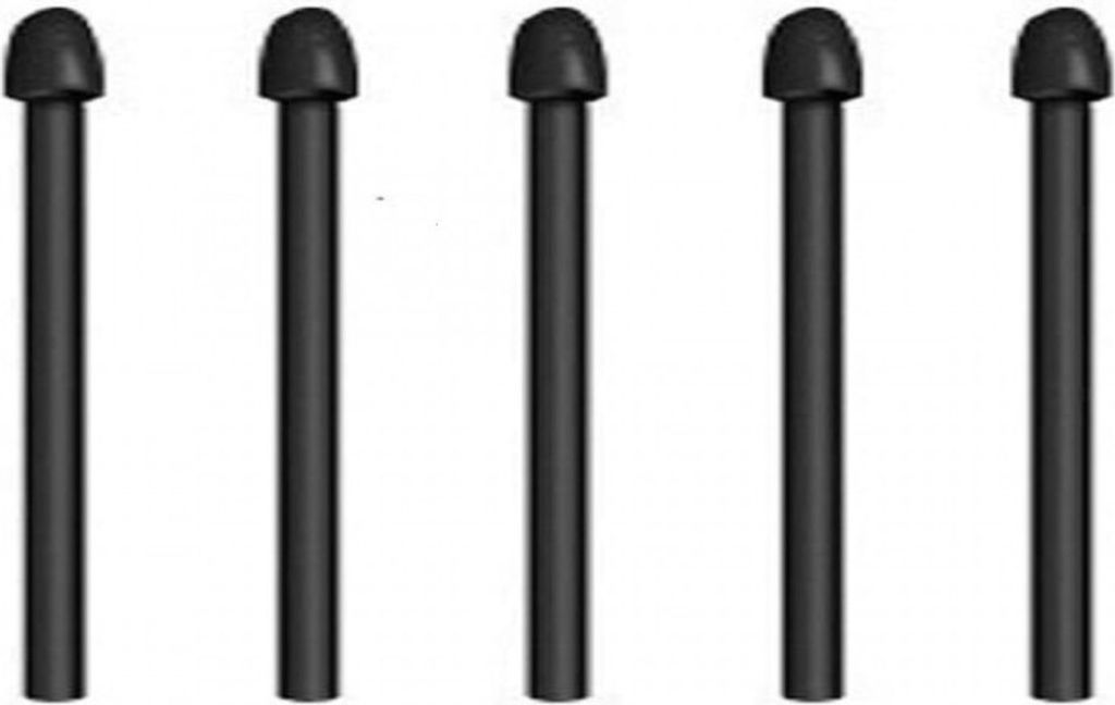 Five black stylus pens are arranged in a row against a white background.