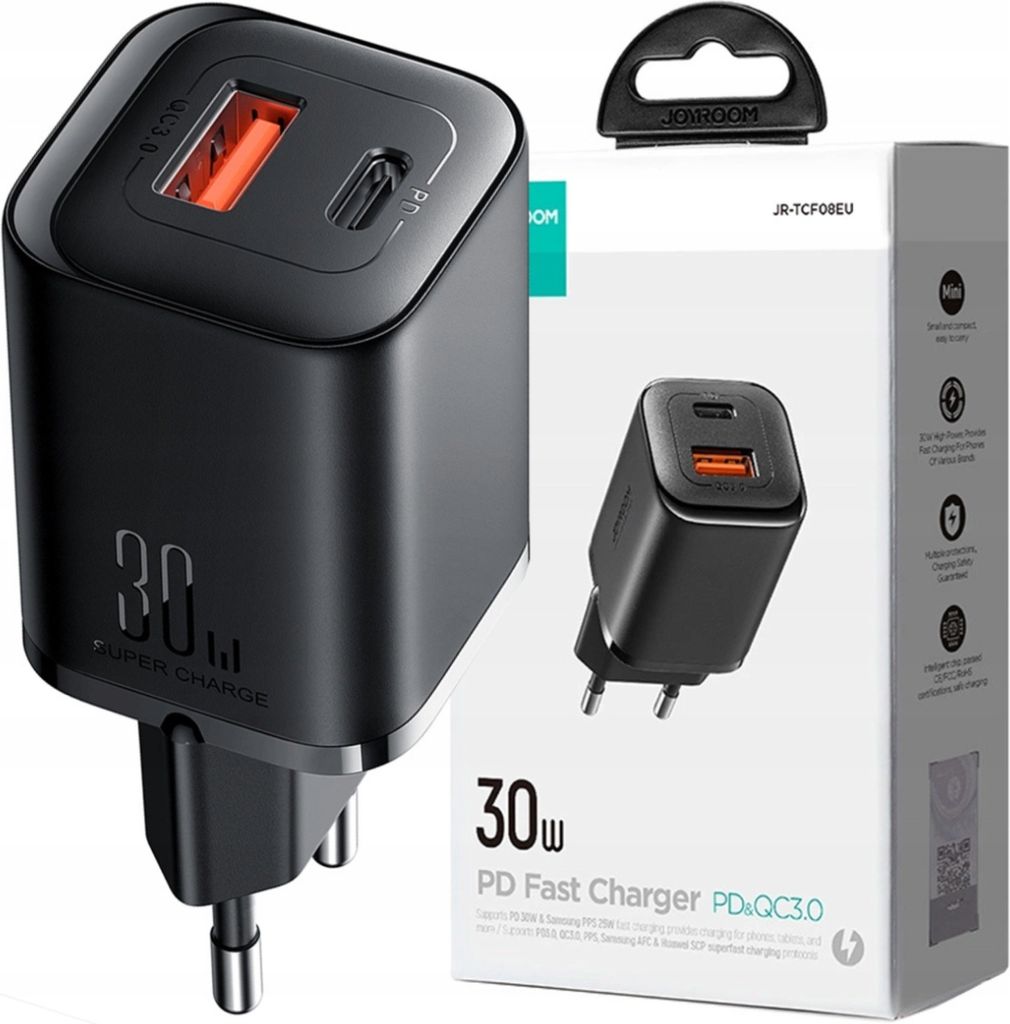 Joyroom Schnellladegerät 30W Usb-A / Usb-C Pd/Qc/Afc/Fcp Schwarz