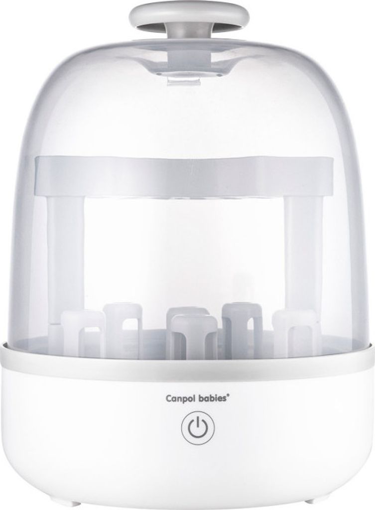 A white electric steam sterilizer for baby bottles.