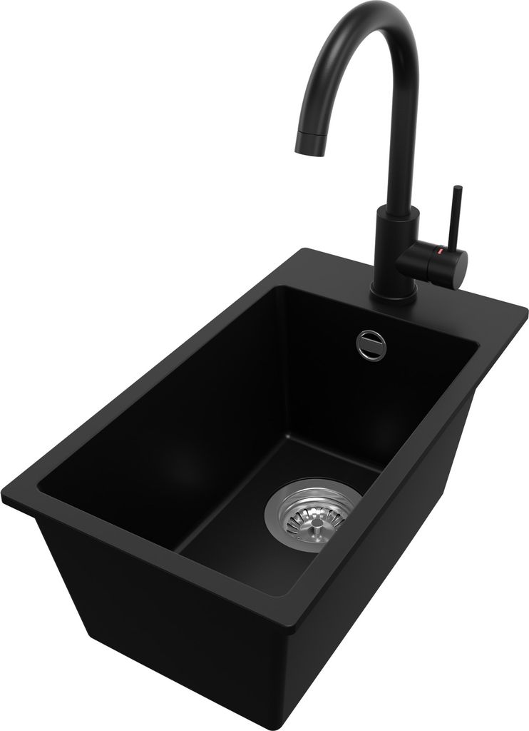 PRIMAGRAN Granitspüle Schwarz 28x50cm, Spülbecken 1 Becken + Küchenarmatur 32x20cm + Ablauf-Set, Küchenspüle ab 30er Unterschrank - Riga