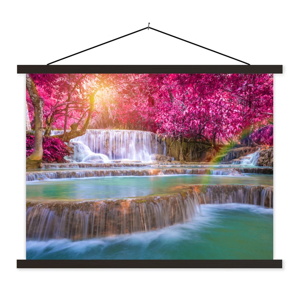 MuchoWow Textilposter Wasserfall - Regenbogen - Bäume - Rosa - Natur 150x113 cm mit holzfarbenen Rahmen - Poster