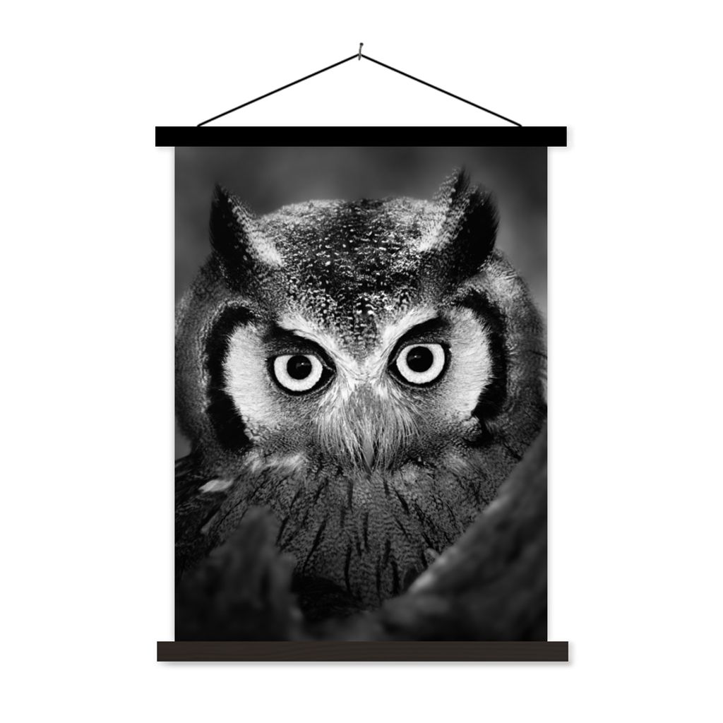 MuchoWow Textilposter Vogel - Eule - Porträt - Schwarz - Weiß 120x160 cm mit schwarzem Rahmen - Magnetischer