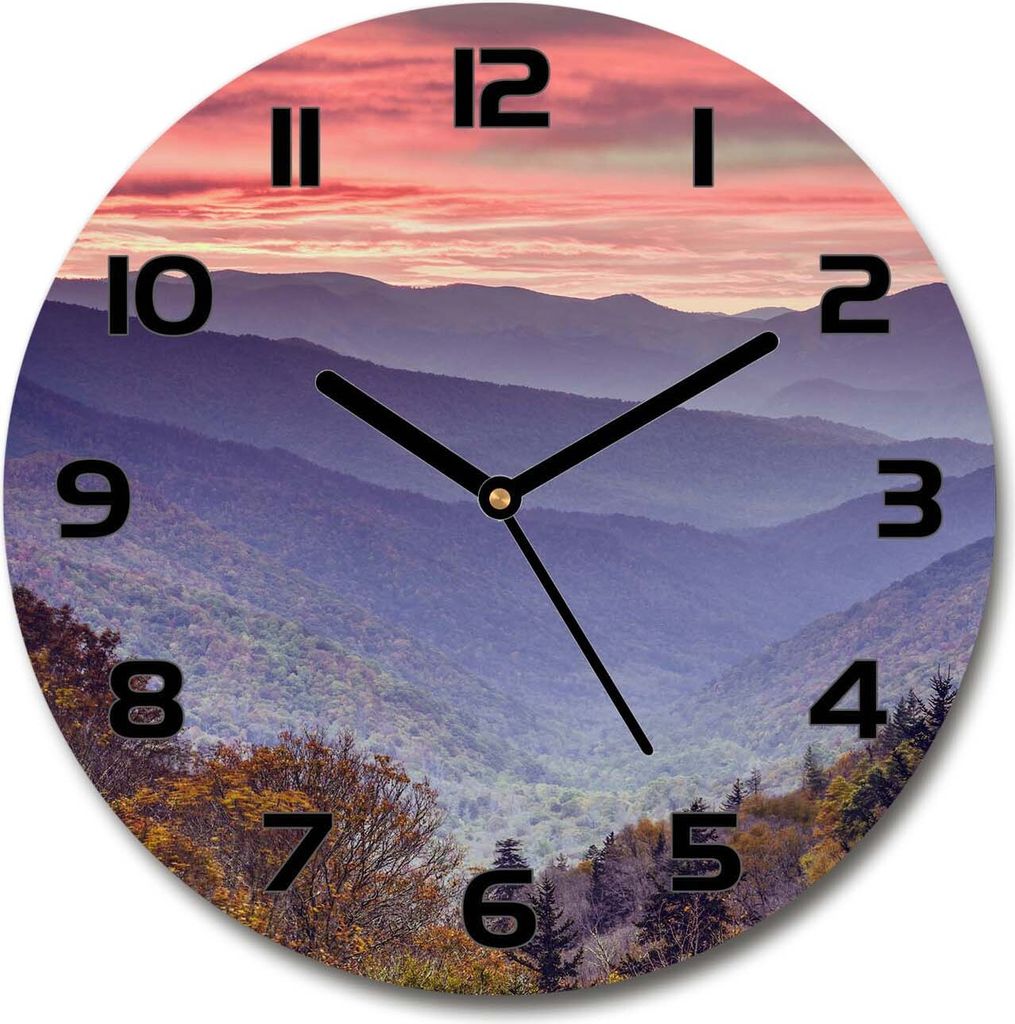 Wanduhr aus Glas 30fi Glasbild Glasuhr Gehärtetes Glas - schwarze-zeiger - Sunset mountains