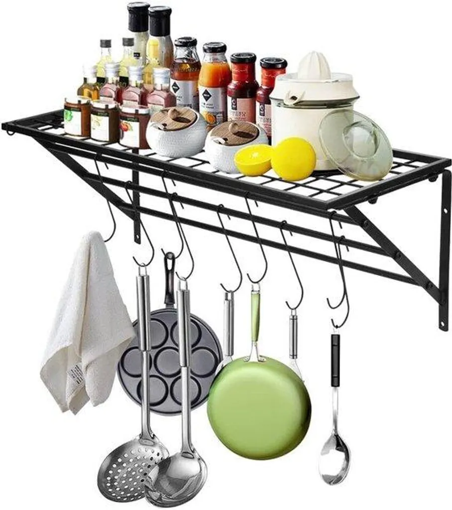 Barre de crédence de cuisine noire 60cm avec 10 crochets de rangement