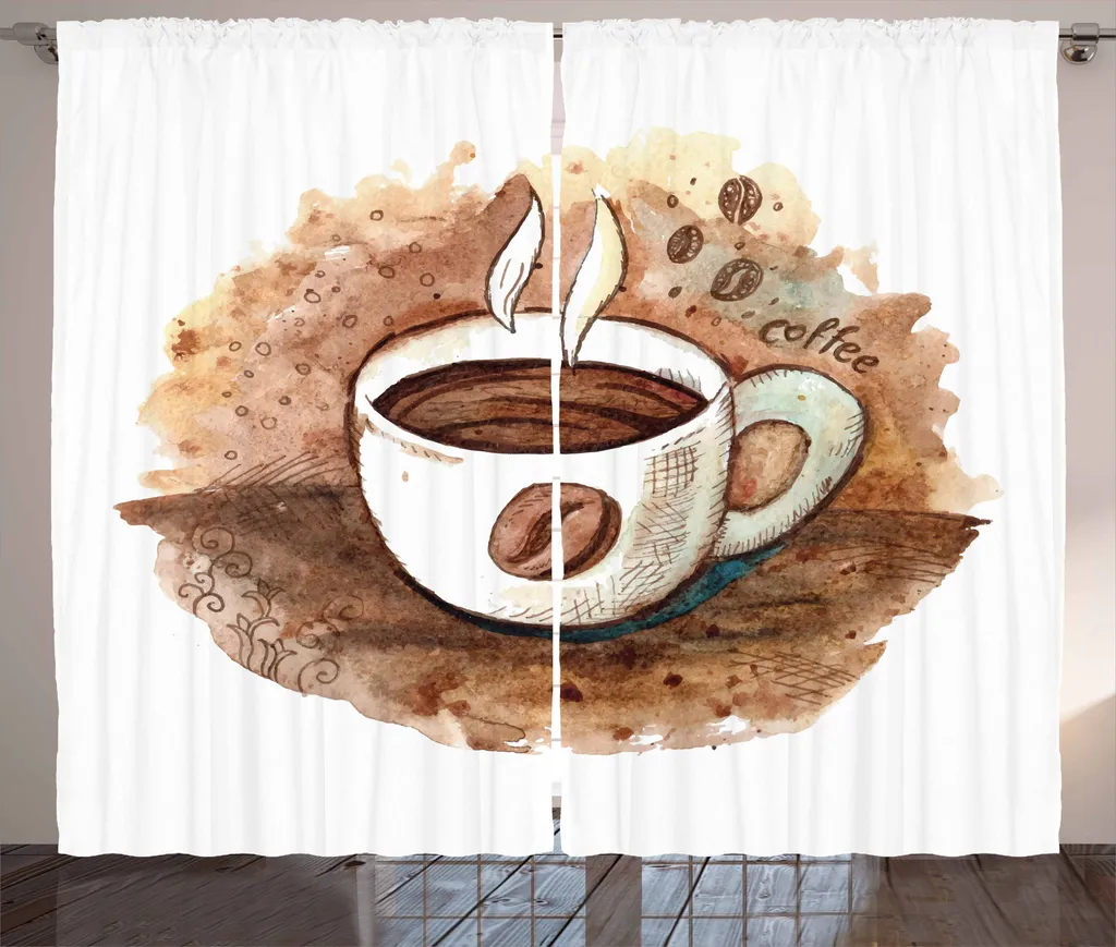 ABAKUHAUS Tenda rustica, tazza da caffè espresso appena preparato, soggiorno Tenda universale con passanti e ganci, 280 x 175 cm, bianco caramello chiaro