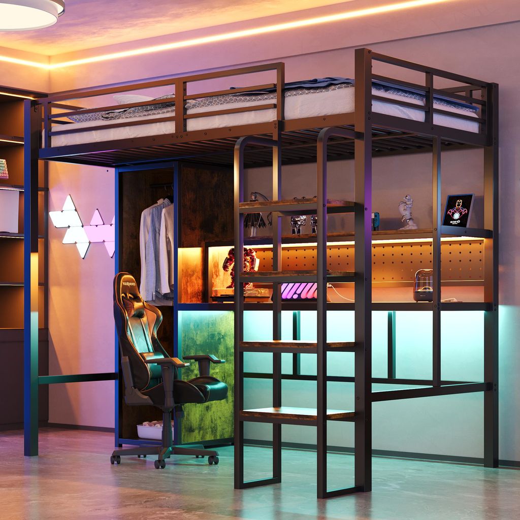 Metall-Hochbett, 90 x 200 cm. Vertikale Treppe, mit großem Schreibtisch mit Stecktafel, mehrfarbiger LED-Lichtleiste, einstöckigem Regal, Einzelk...