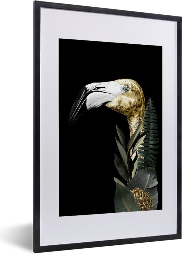 MuchoWow MuchoWow Gerahmtes Poster Flamingo - Gold - Schwarz 40x60 cm - Poster mit zchwarzem Bilderrahmen - Poster in Rahmen