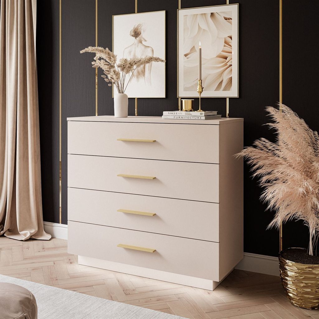 Kommode LINA KASCHMIR 95 cm mit LED Beleuchtung Gold Matt Griffe