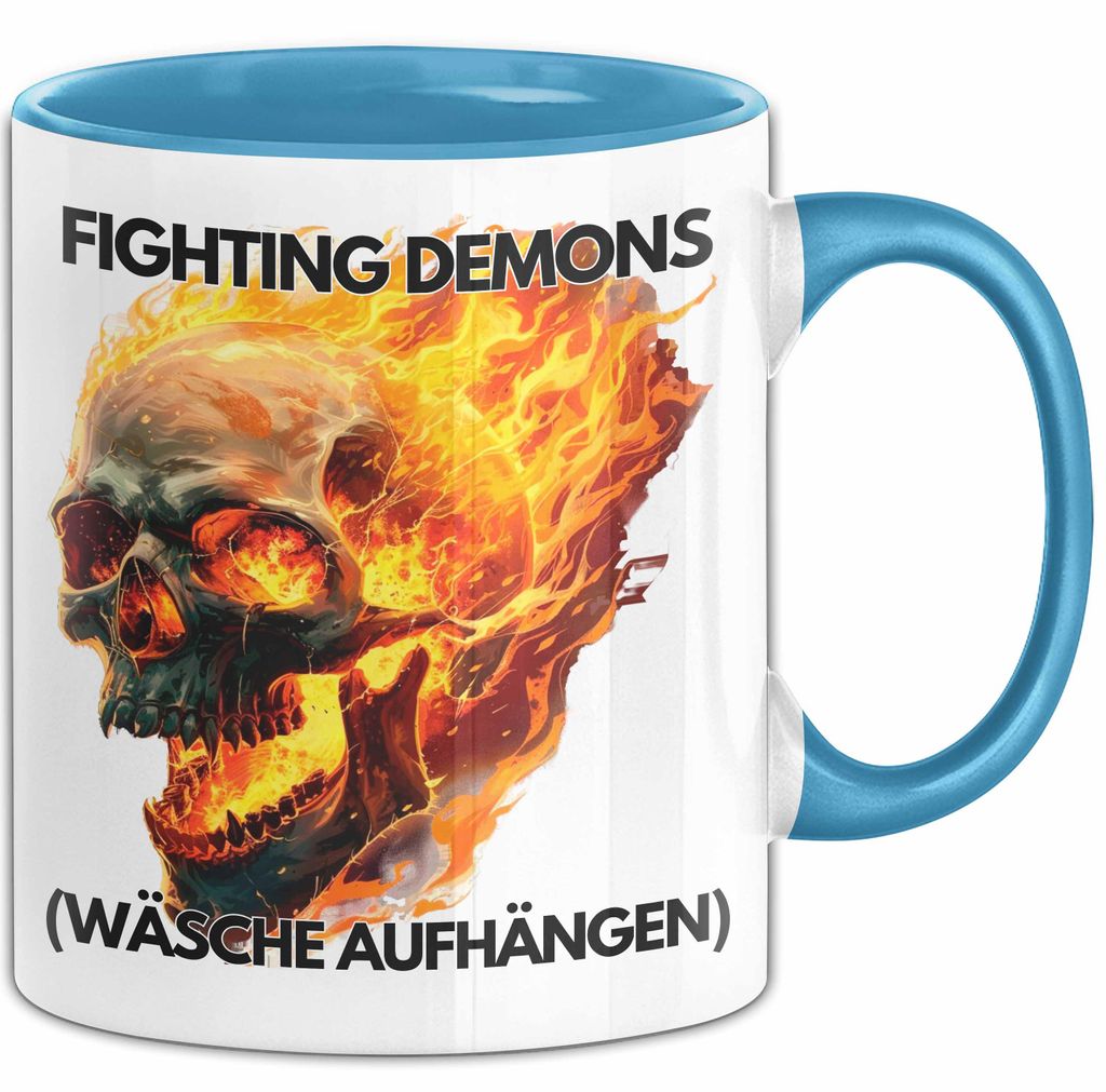 Dank Meme Tasse Geschenk Fighting Demons Wäsche Aufhängen Feuer Totenkopf Kaffee-Becher (Blau)