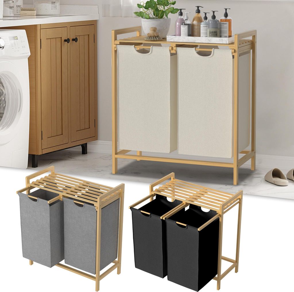 XINZI Wäschekorb 2 Fächer 36L Wäschesammler Wäschesortierer mit Bambus Oberem Rega und Griffen Wäschebox Wäschesack aus Oxford-Gewebe, Beige