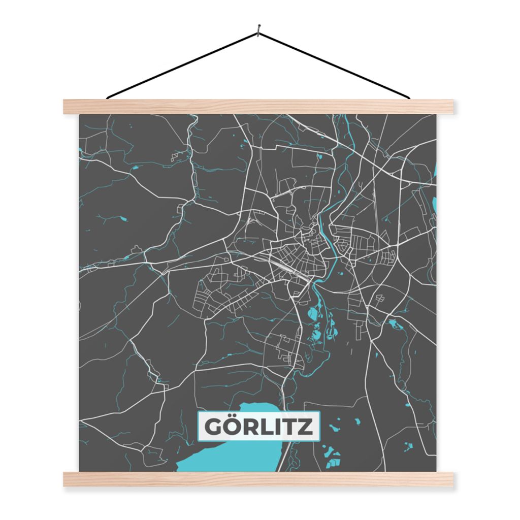 MuchoWow Textilposter Stadtplan - Karte - Görlitz - Blau - Deutschland - Karte 60x60 cm mit holzfarbenen Rahmen - Wanddekoration