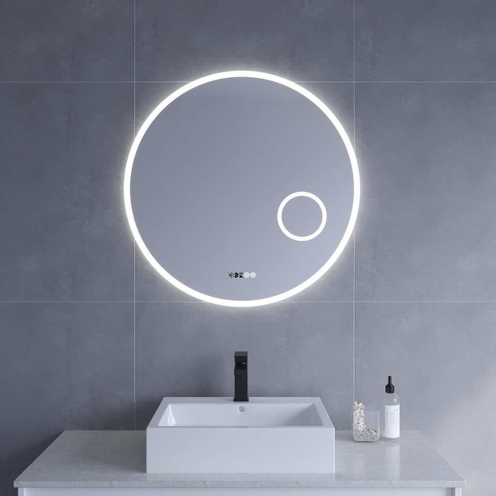 AQUABATOS Badspiegel mit Beleuchtung Rund 80 cm LED Schminkspiegel Uhr Kosmetikspiegel Wandspiegel Badezimmerspiegel Lichtspiegel Dimmbar Touch f...