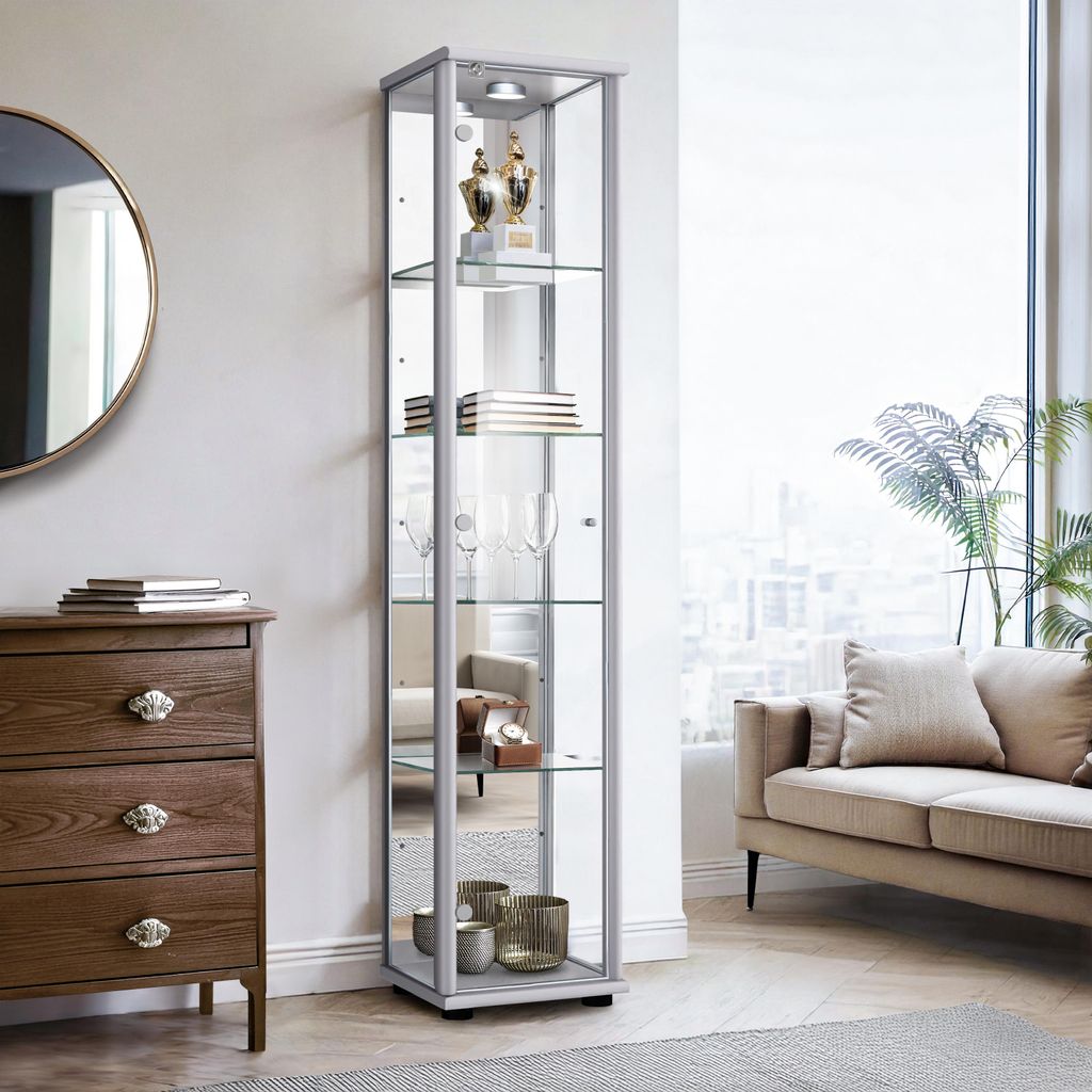 K-Möbel Glasvitrine stehend in Alu / Silber (176x37x33cm) mit 4 höhenverstellbaren Glasböden, Spiegel, Schloss & LED - Standvitrine - Vitrinensc...