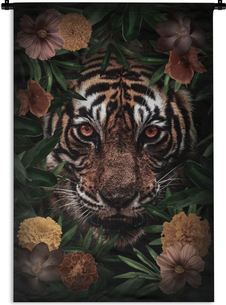 MuchoWow Wandteppich Wandbehang Tiger - Braun - Blumen 90x135 cm Tapisserie Dekoration Wandtuch - Baumwolle - Wandskulptur