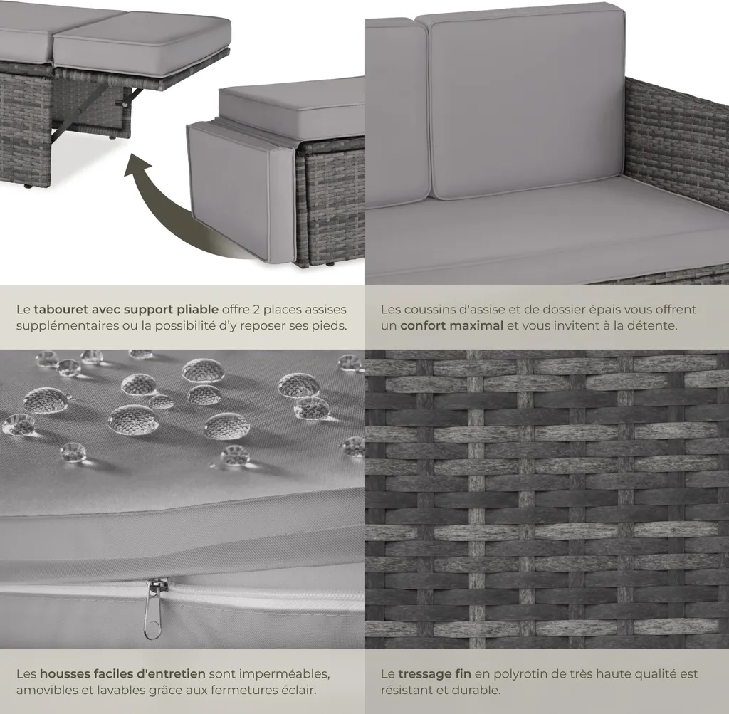 Canapé de jardin modulable gris CORFOU résistant aux UV et intempéries