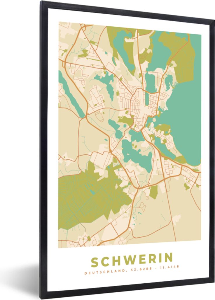 MuchoWow Gerahmtes Poster Vintage - Stadtplan - Schwerin - Karte 60x90 cm - Poster mit Schwarzem Bilderrahmen Wandposter Rahmen Foto Bilder - Kunst