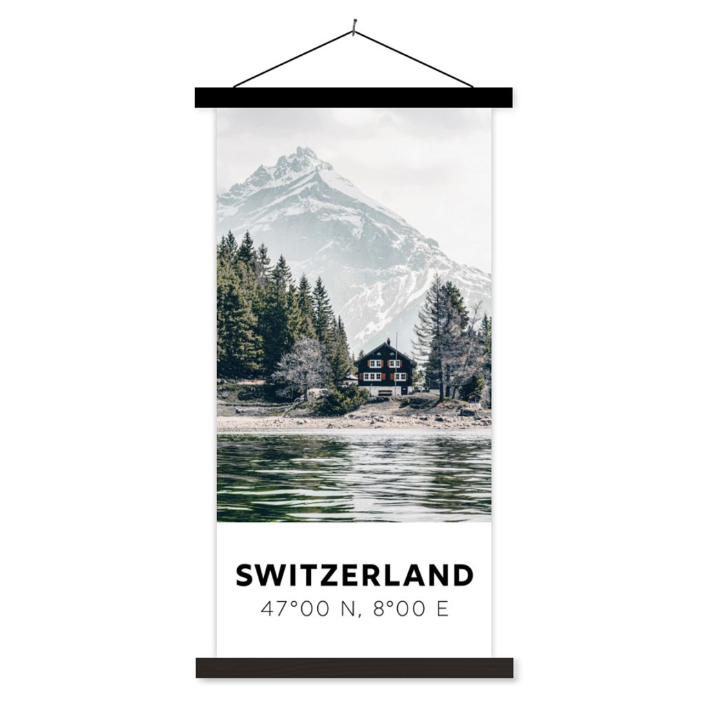 MuchoWow Textilposter Schweiz - Berg - Chalet 90x180 cm mit schwarzem Rahmen - Dekoration Wohnzimmer