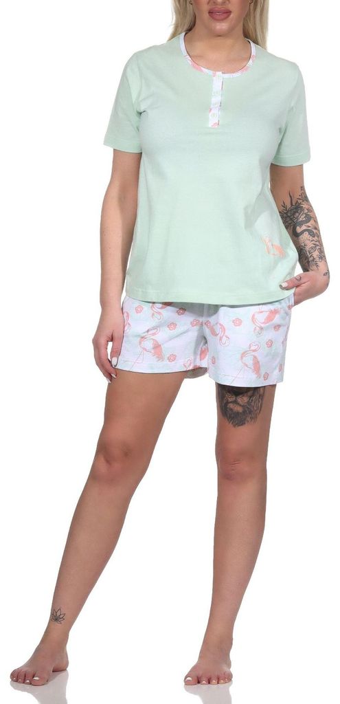 Normann Damen kurzarm Schlafanzug Shorty Pyjama mit Flamingo Motiv und Knopfleiste am Hals ; grün , 36