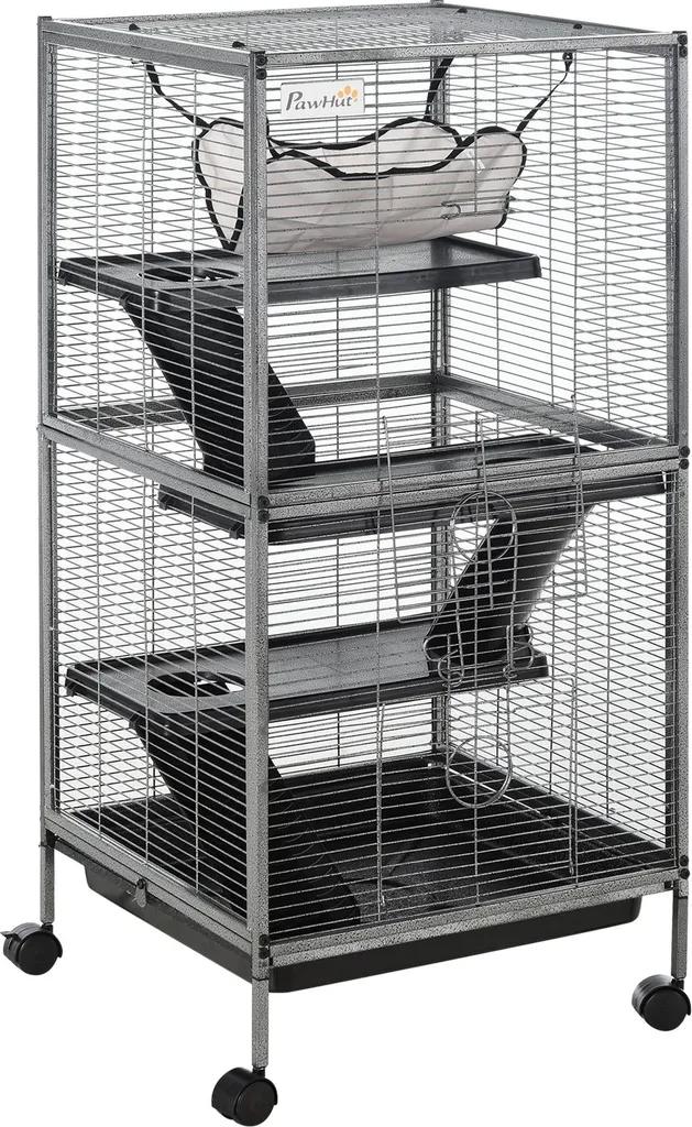 Cage pour furet et petits animaux portable avec plateau amovible - Gris