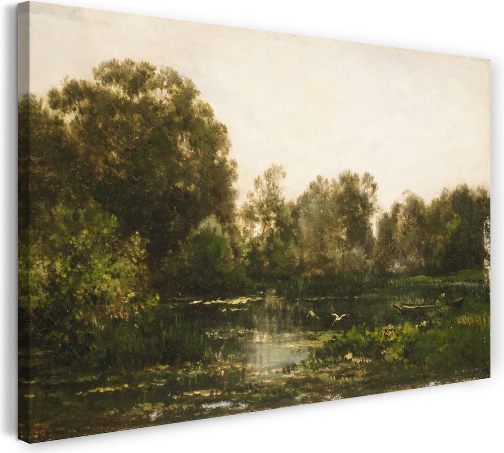 Leinwandbild (60x40cm): Charles-François Daubigny - Eine Flusslandschaft mit Störchen, echter Holz-Keilrahmen inkl. Aufhänger, handgefertigt in ...