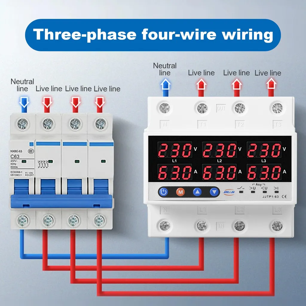 Protection Électrique Triphasée 63A Rail DIN avec Voltmètre Ampèremètre