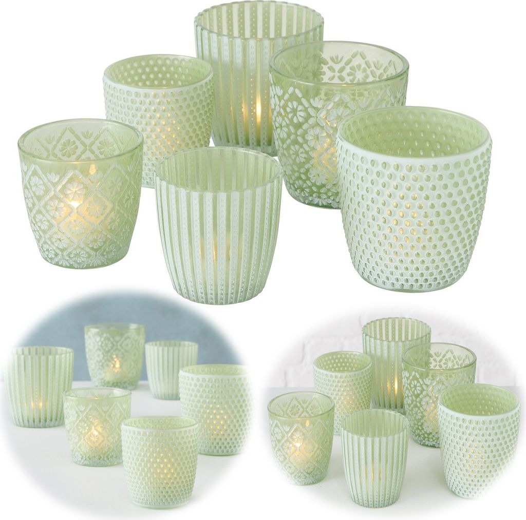 LS-LebenStil 6x Glas Teelichthalter Retro Grün Weiß 7-9cm Set Teelichtglas Windlichthalter Kerzenhalter Kerzenglas Kerzenständer Teelichter Wind...