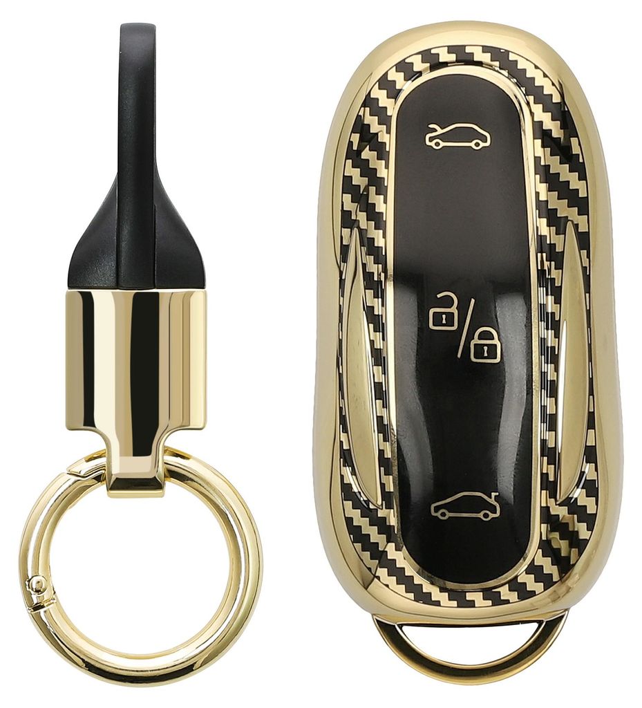 kwmobile Autoschlüssel Hülle kompatibel mit Tesla Model X Autoschlüssel Hülle - Schlüsselhülle mit Key Ring Anhänger - Cover Gold Schwarz