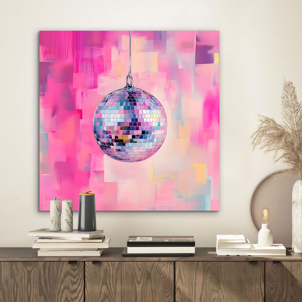 MuchoWow Wanddekoration Metall Metallbild Wandkunst 50x50 cm Discoball - Rosa - Farbe MuchoWow Aluminium Gemälde - Alubild - Industrial