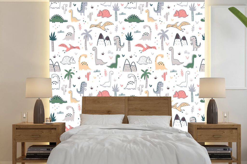 MuchoWow Fototapete für Wohnzimmer oder Schlafzimmer Wandtapete Vinyl Motivtapete Muster - Dino - Baum - Jungen - Kinder - Kinder - 350x350 cm -...