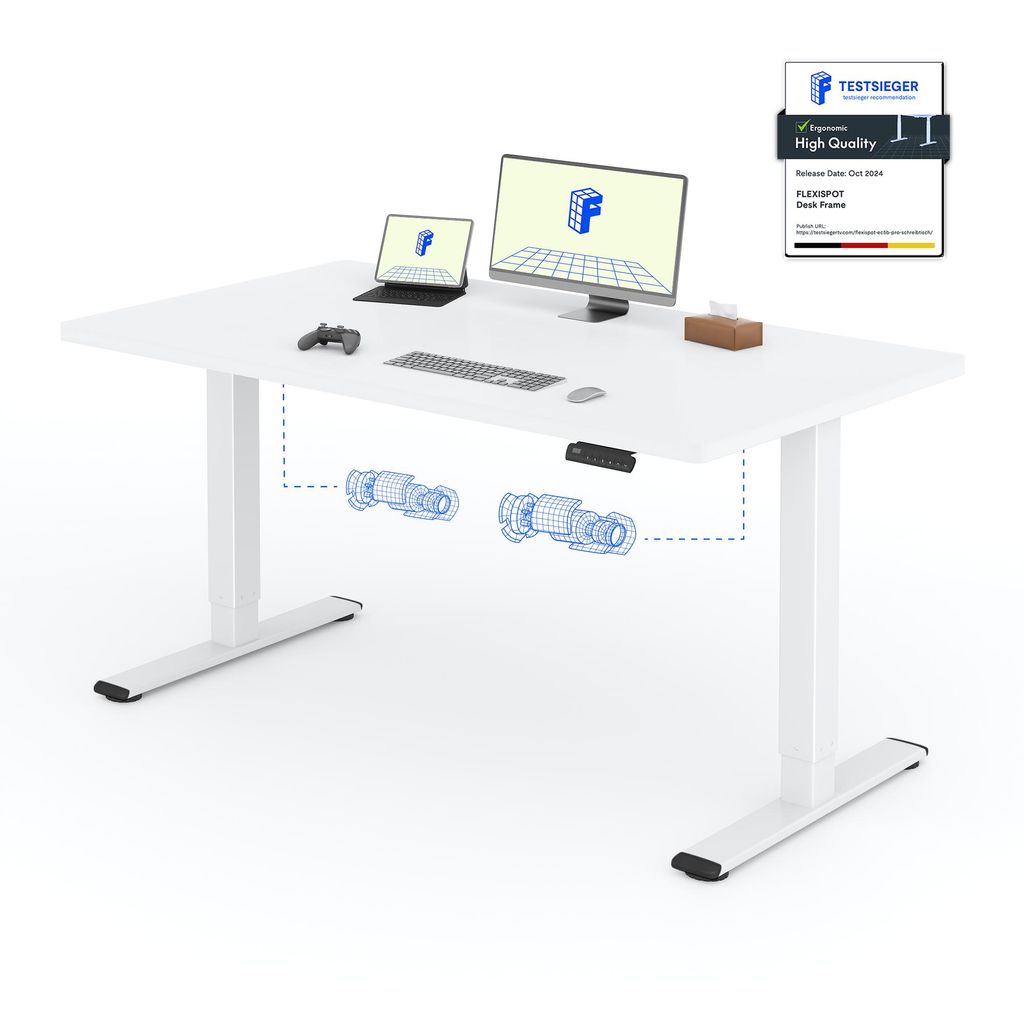 A white height-adjustable desk with a monitor, laptop, keyboard, mouse, and game controller on top. Diagrams of the desk's motors are shown below. A certificate is shown in the top right corner.