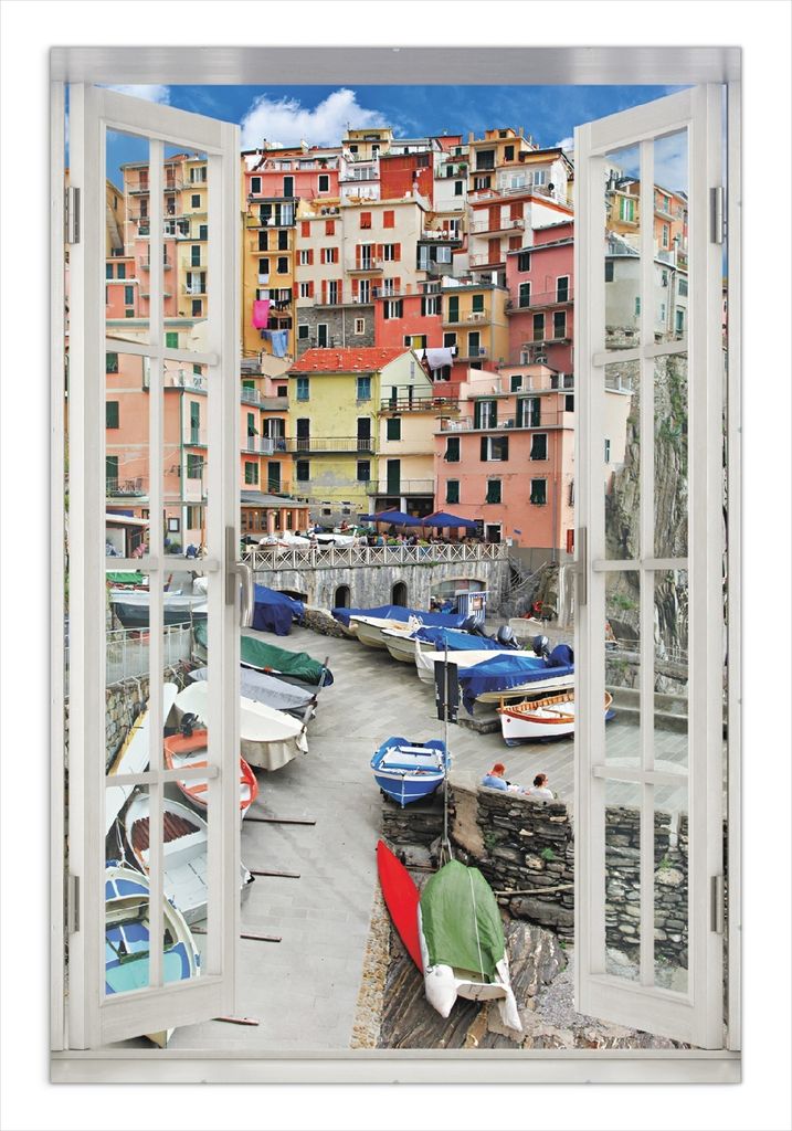 Wallario Wandbild mit Fenster-Illusion: Bunter Hafen in Italien, Größe: 61 x 91,5 cm, Poster mit rahmenlosen Bildhalter