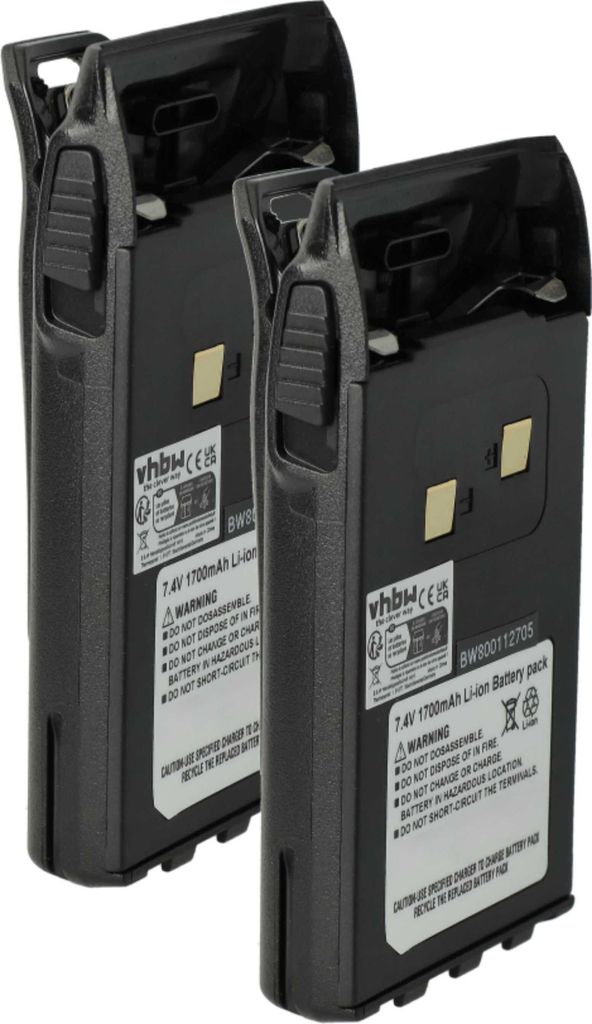 vhbw 2x Akku kompatibel mit Midland CT790 Funkgerät, Walkie Talkie (1700 mAh, 7,4 V, Li-Ion) + Gürtelclip