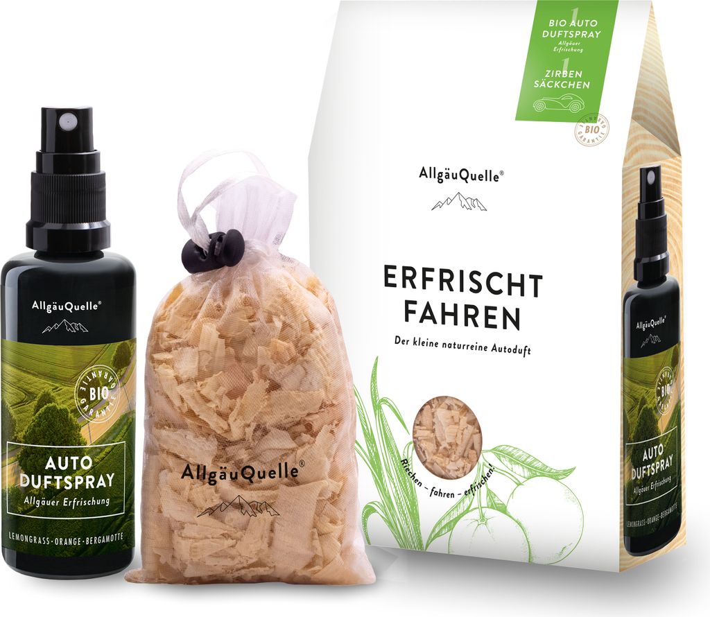Mini Auto Duftspray Set Erfrischung mit 1 x 50ml Auto Duftspray mit Ölen aus 100% naturreinen ätherischen Ölen & 1 Zirben-Säckchen