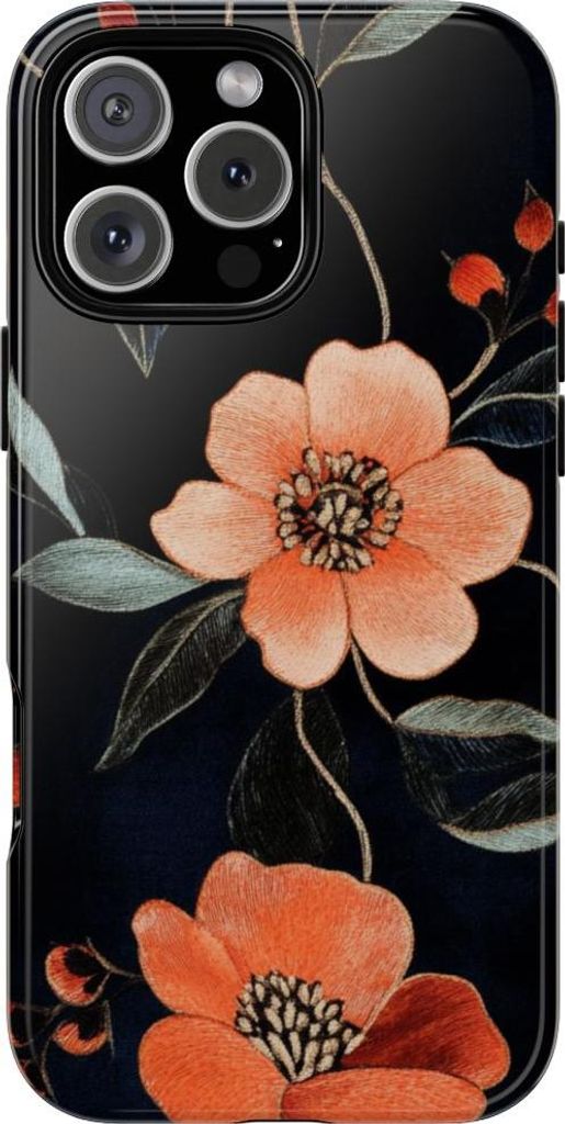 Glänzendes Blumenstickerei-Muster in Orange – Hülle Kompatibel mit iPhone 16 Pro Max