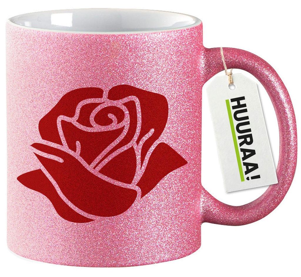 Huuraa Glitzertasse Rose Blüte 330ml Pink Keramik Kaffeebecher Geschenkidee