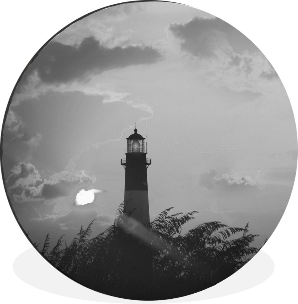 MuchoWow Aluminium Wandkreis Leuchtturm - Sonne - Schwarz - Weiß Ø 60 cm Wanddeko Modern Wohnzimmer - Wand Kreis - Wandbild - Schlafzimmer - Al...