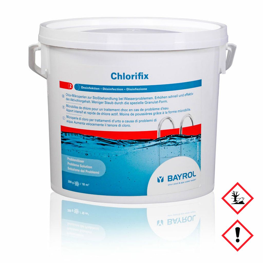 A white bucket of pool cleaning product, with a label showing water and pool ladders.