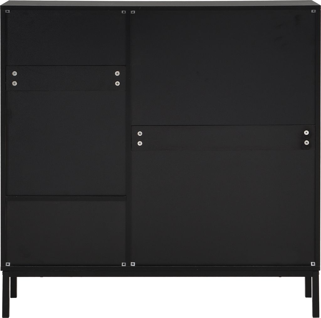 A black shoe cabinet with multiple compartments and a metal frame, shown from the front against a white background.