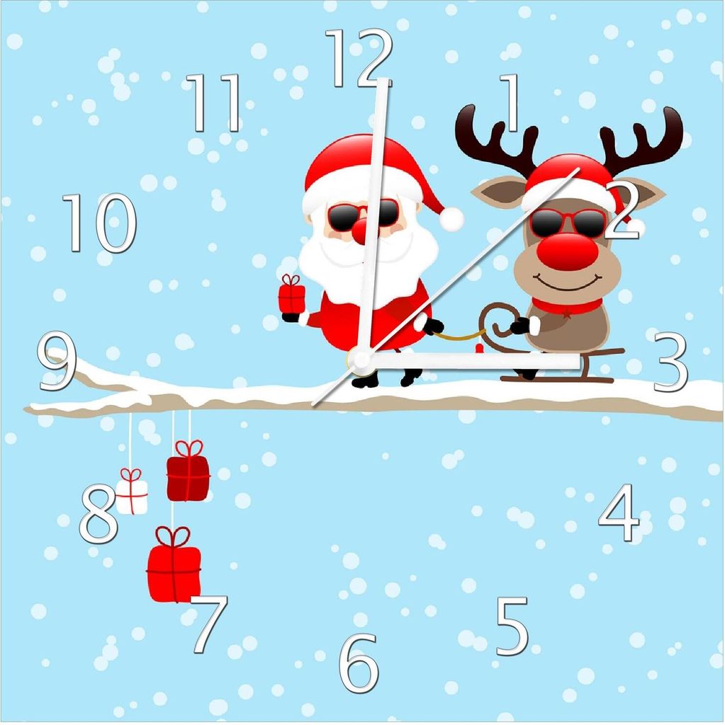 Wallario Design Wanduhr Cooler Weihnachtsmann mit Rentier auf einem Ast aus Echtglas, Größe 30 x 30 cm