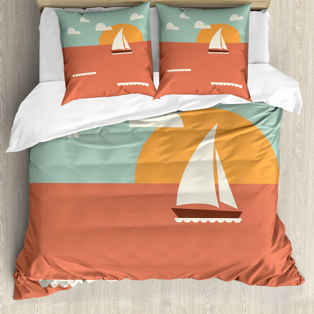 ABAKUHAUS Grafik-Strand Bettbezug Set für Einzelbetten, Segelboot Dawning Sun, Milbensicher Allergiker geeignet mit Kissenbezug, 155 cm x 220 cm -...