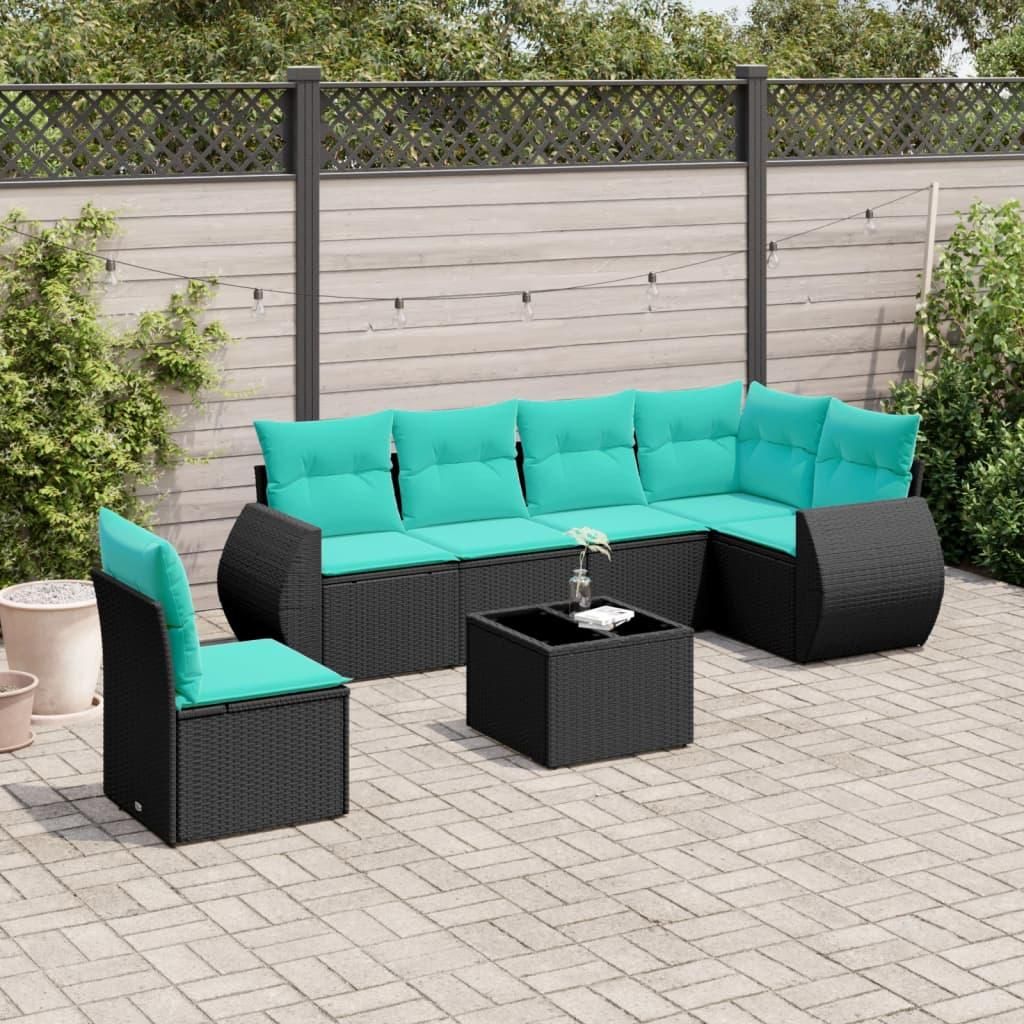 Maison Exclusive - 7-teiliges Gartensofa-Set mit Kissen, schwarzes Polyrattan