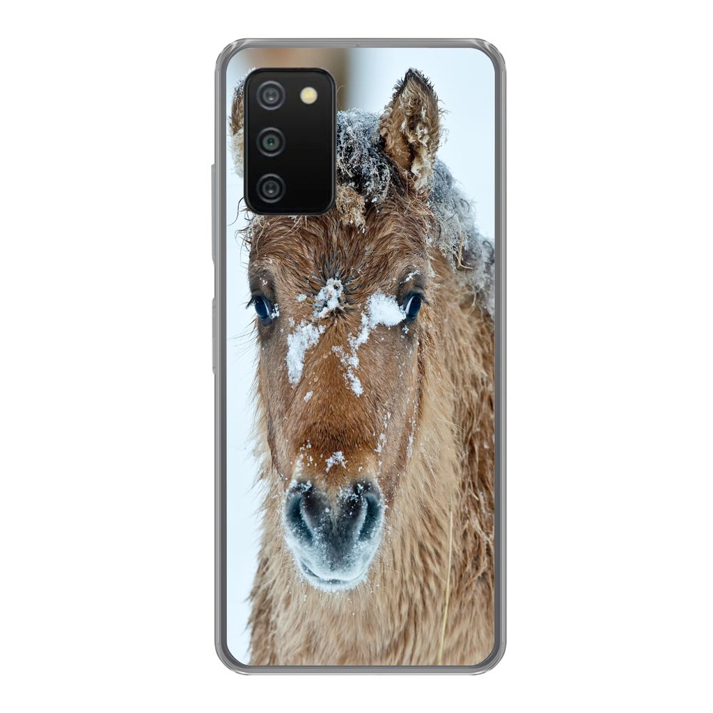 MuchoWow Handyhülle Schutzhülle Hülle für Samsung Galaxy A03s Junges Fjordpferd mit Schnee bedeckt Silikon Softcase Handy Hülle - Schutz