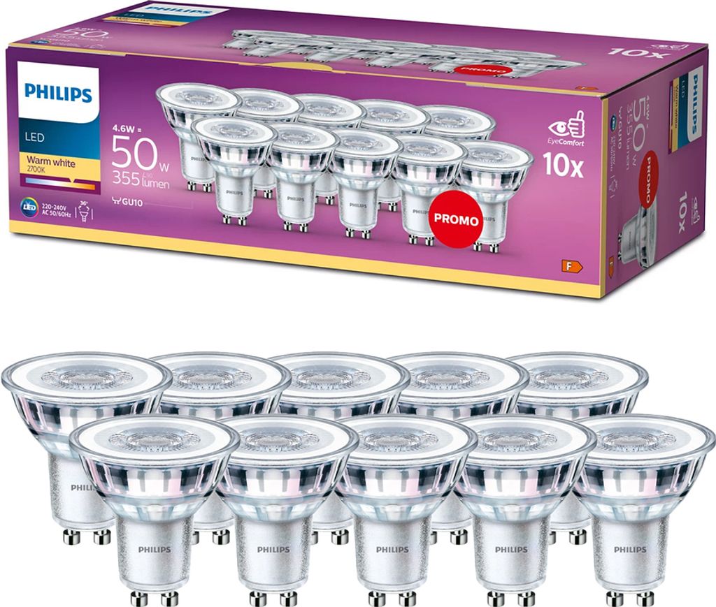 Philips Spot 50W PAR16 GU10 x10, 4,6 W, 50 W, GU10, 355 lm, Produktbild 