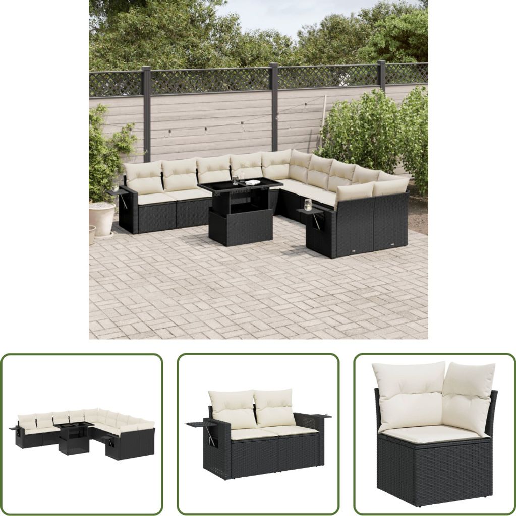 The Living Store 11-tlg. Garten-Sofagarnitur mit Kissen Schwarz Poly Rattan