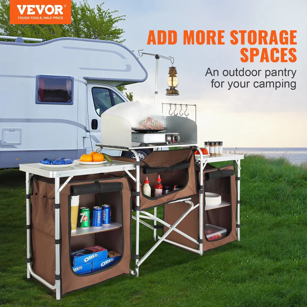 Meuble de Cuisine de Camping Portable avec Plateau Marron Résistant