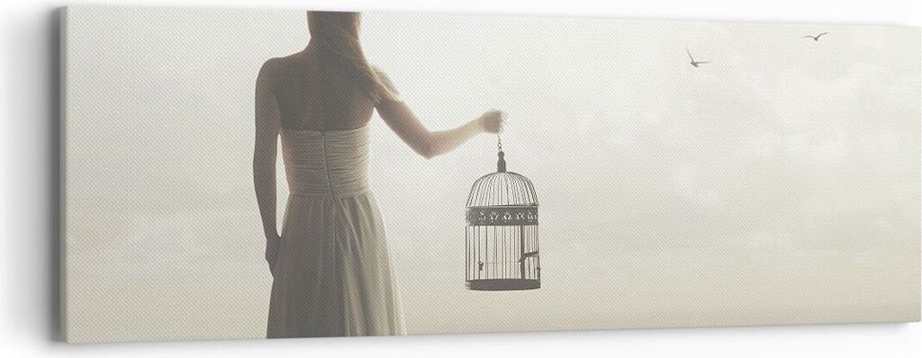Bild auf Leinwand - Leinwandbild - Einteilig - Frau Käfig Vogel - 90x30cm - Wand Bild - Wanddeko - Wandbilder - Leinwanddruck - Bilder - Wanddekor...