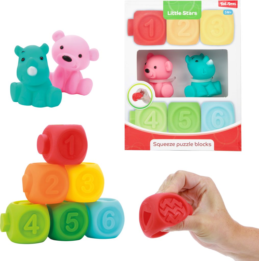 Toi-Toys 71003A - Little Stars - 6 Baby Quietsch-Stapelblöcke und 2 Gummitiere Kleinkinderspielzeug