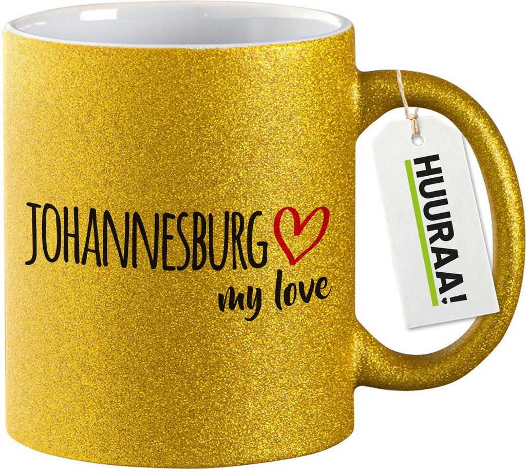 Huuraa Glitzertasse Johannesburg my love 330ml Gold Keramik Kaffeebecher Geschenkidee